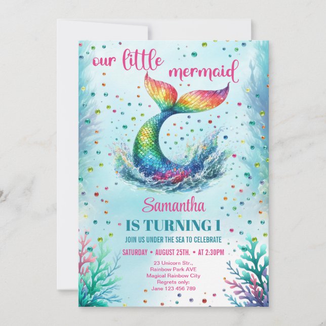 Watercolor rainbow mermaid tail 1st birthday invitation (Front)