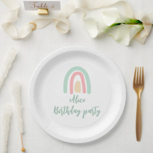 Watercolor rainbow minty yellow Birthday Paper Plate