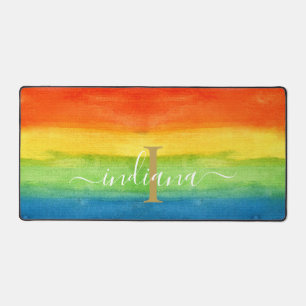 Watercolor Rainbow Monogram Elegant Pride Desk Mat