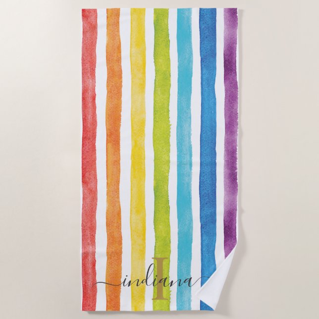 Watercolor Rainbow Monogram Stripes Personalised Beach Towel (Front)