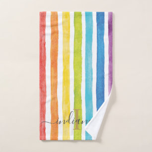 Watercolor Rainbow Monogram Stripes Personalised Hand Towel