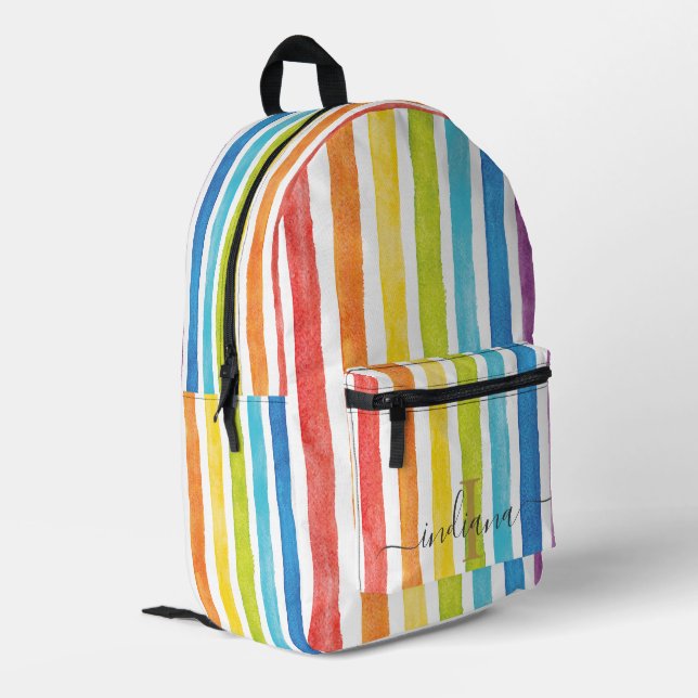 Watercolor Rainbow Monogram Stripes Personalised Printed Backpack (Back Corner Left)