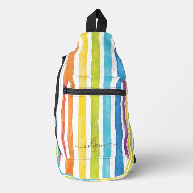 Watercolor Rainbow Monogram Stripes Personalised Sling Bag (Front)