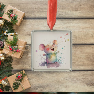 Watercolor Rainbow Mouse Christmas Ornament