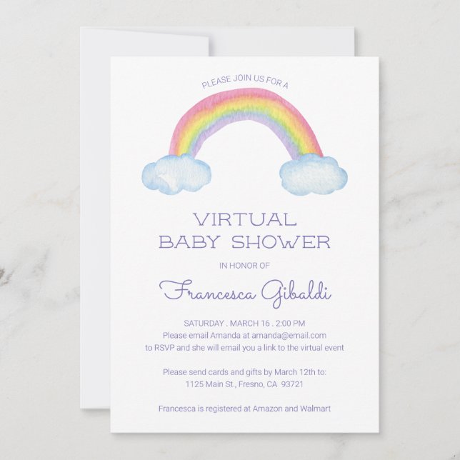 Watercolor Rainbow Online Virtual Baby Shower Invitation (Front)