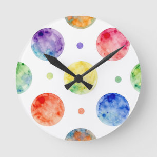 Watercolor Rainbow Orb Polka Dot Pattern Round Clock