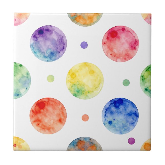 Watercolor Rainbow Orb Polka Dot Pattern Tile (Front)