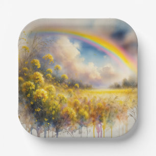 Watercolor Rainbow Over Wildflower Meadow Paper Plate