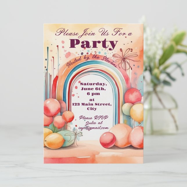 Watercolor Rainbow Party  Invitation (Standing Front)
