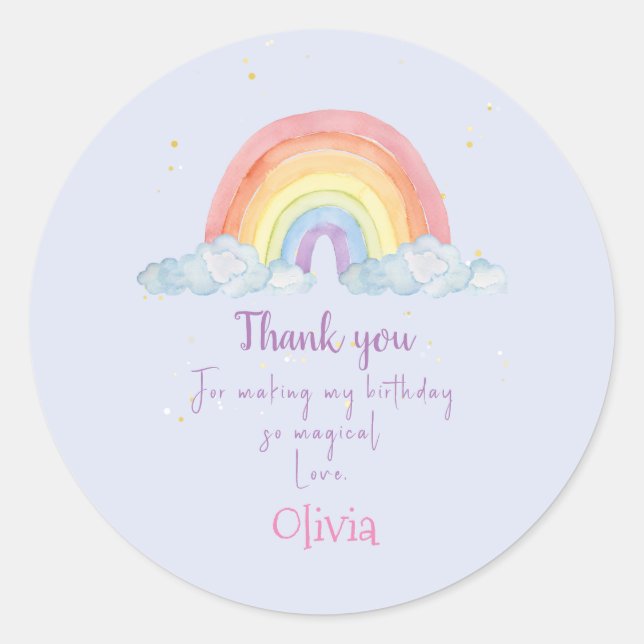 Watercolor Rainbow Party Thank you Classic Round Sticker (Front)