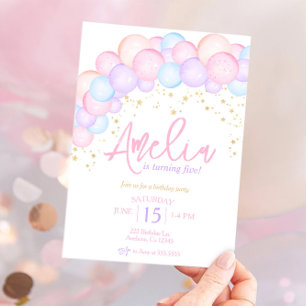 Watercolor rainbow pastel balloon arch birthday invitation