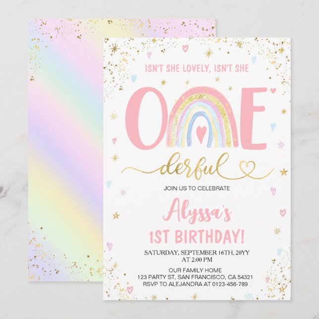 Watercolor rainbow pastel girl 1st Birthday Party Invitation (Front/Back)