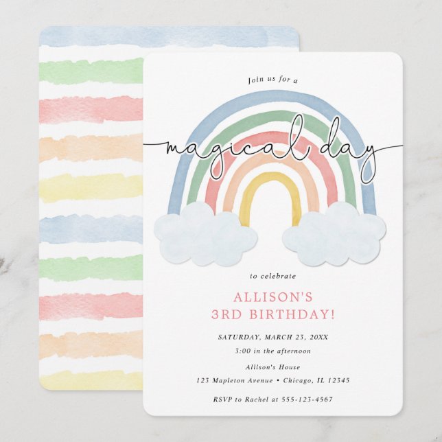 Watercolor rainbow pastel girl birthday party invitation (Front/Back)