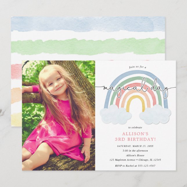 Watercolor rainbow pastel girl birthday photo invitation (Front/Back)