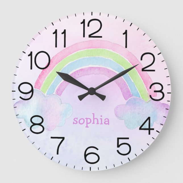 Watercolor Rainbow Pastel Personalised Name Girl Large Clock (Front)