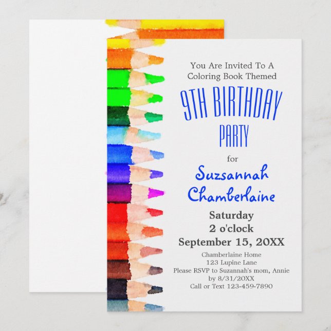 Watercolor Rainbow Pencils Children's Party Invitation (Front/Back)