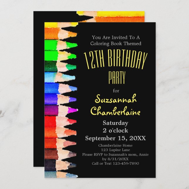Watercolor Rainbow Pencils Kids Birthday Party Invitation (Front/Back)