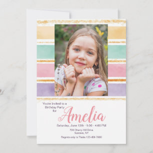Watercolor Rainbow Photo Birthday Party Invitation