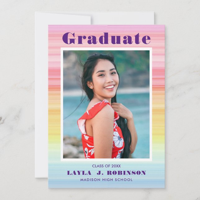 Watercolor rainbow photo graduation pink announcement (Front)