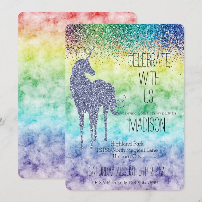 Watercolor Rainbow Purple Glitter Unicorn Invitation (Front/Back)