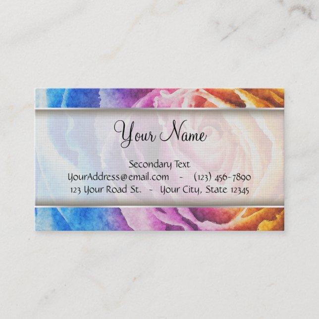 Watercolor Rainbow Rose Business Card (Front)