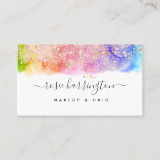Watercolor Rainbow Rose Gold Glitter Girly Business Card