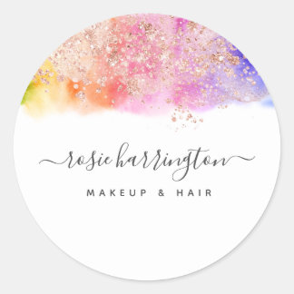 Watercolor Rainbow Rose Gold Glitter Girly Classic Round Sticker