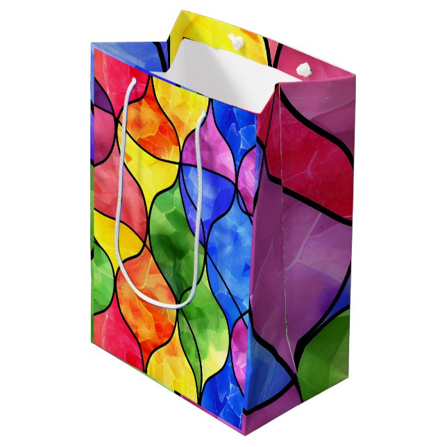 Watercolor Rainbow Stained Glass Medium Gift Bag (Front Angled)