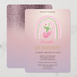Watercolor Rainbow Strawberry Glitter Birthday  Invitation