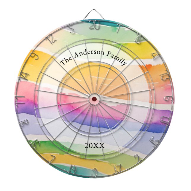 Watercolor Rainbow Stripe Custom Family Name Dartboard (Front)