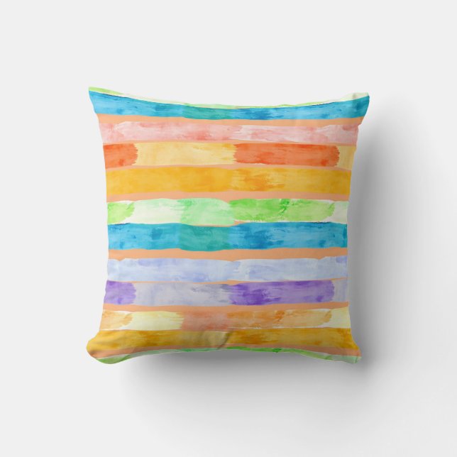 Watercolor Rainbow Stripes Abstract Cushion (Front)