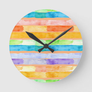Watercolor Rainbow Stripes Abstract Round Clock