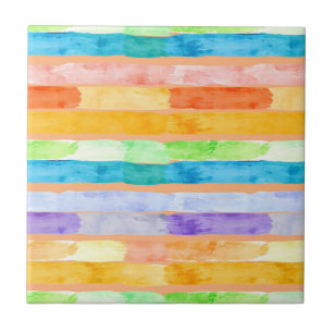 Watercolor Rainbow Stripes Abstract Tile