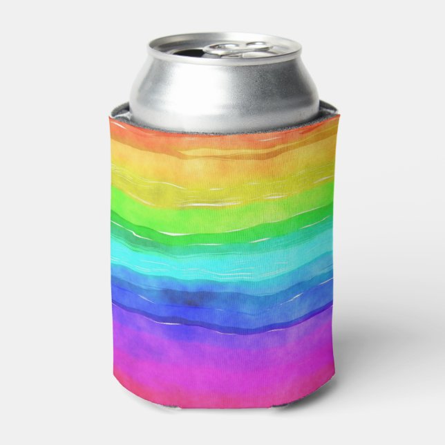 Watercolor Rainbow Stripes Can Cooler (Can Front)