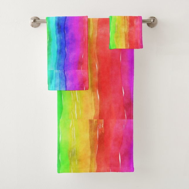 Watercolor Rainbow Stripes Design Bath Towel Set (Insitu)
