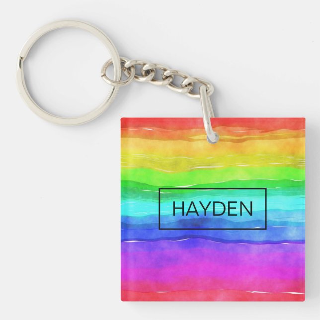 Watercolor Rainbow Stripes Personalised Key Ring (Front)