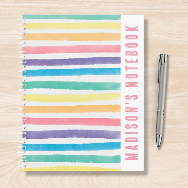 Watercolor Rainbow Stripes Personalised Name Notebook (Creator Uploaded)