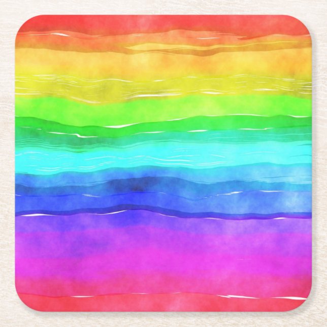 Watercolor Rainbow Stripes Square Paper Coaster (Front)