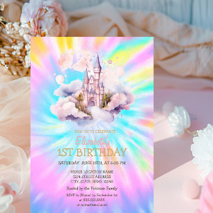 Watercolor Rainbow Tie Dye Castle Birthday   Invitation