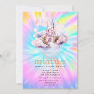 Watercolor Rainbow Tie Dye Castle Birthday   Invitation