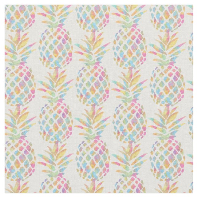 Watercolor Rainbow Tropical Pineapple Fabric (Close Up)