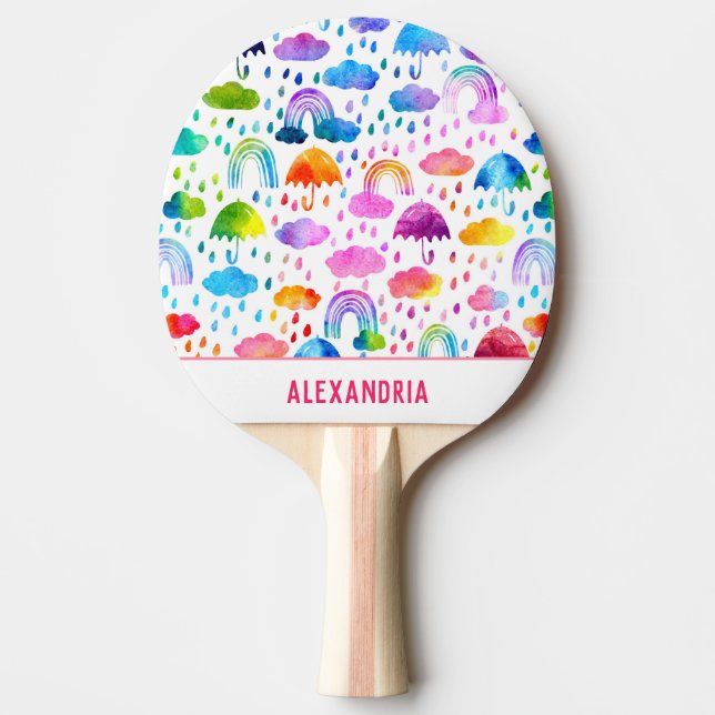 Watercolor Rainbow Umbrellas Rainy Day Girls Ping Pong Paddle (Front)