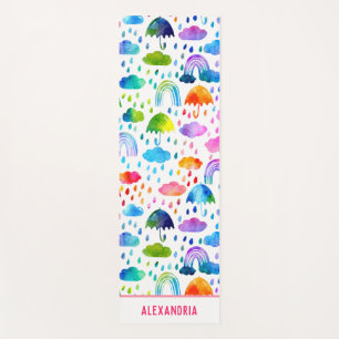 Watercolor Rainbow Umbrellas Rainy Day Girls Yoga Mat