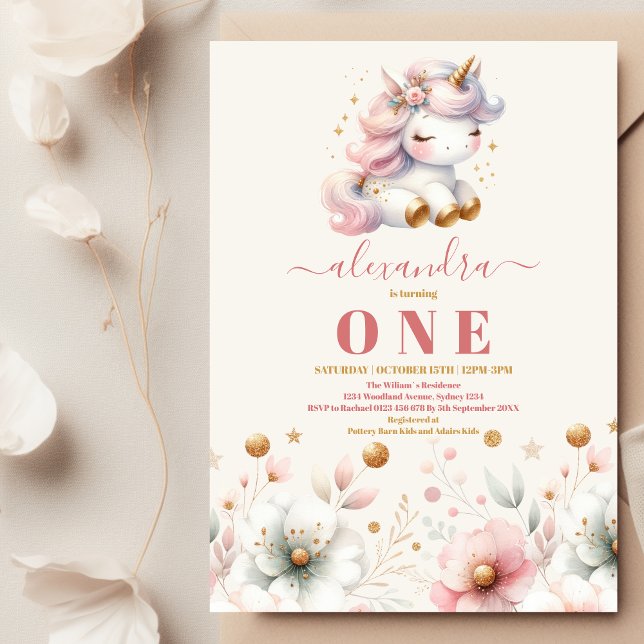 Watercolor Rainbow Unicorn Birthday Invitation 1st (Creator Uploaded)