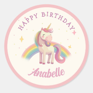 Watercolor Rainbow Unicorn Birthday Party Favour Classic Round Sticker