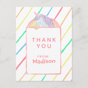 Watercolor Rainbow Unicorn Birthday   Thank You Invitation Postcard