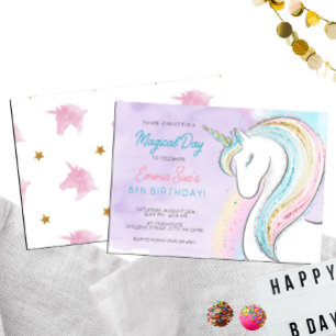 Watercolor Rainbow Unicorn Girl's Birthday Invitation