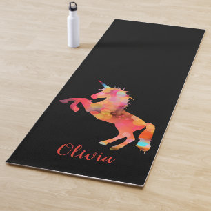 Watercolor Rainbow Unicorn Personalised Black Yoga Mat