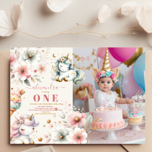 Watercolor Rainbow Unicorn photo 1st Birthday Invitation