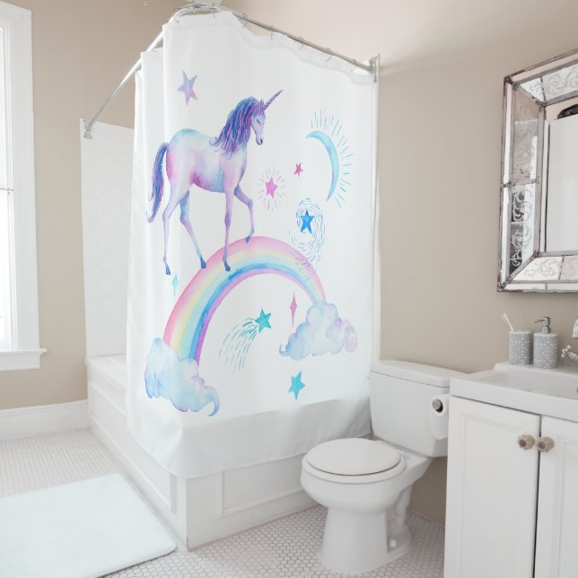 Watercolor Rainbow Unicorn Shower Curtain (In Situ)